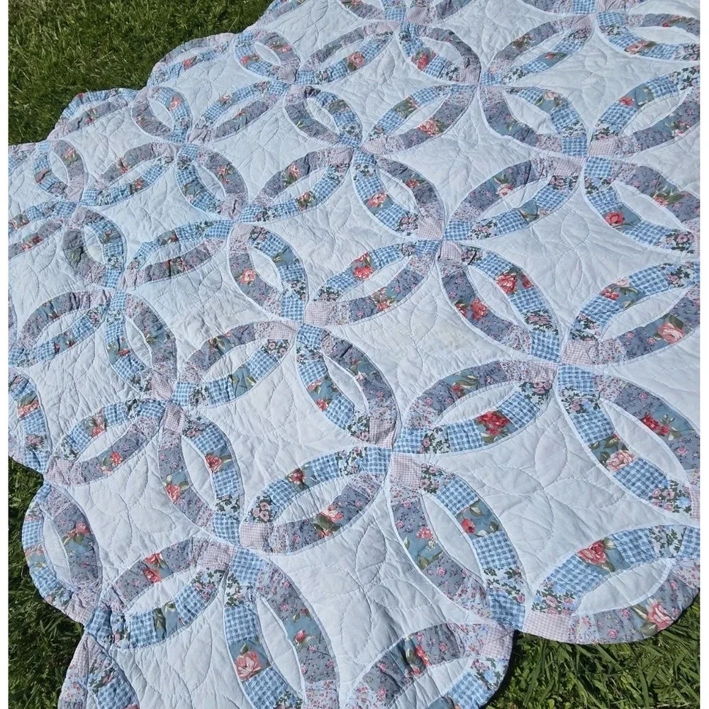Handmade vintage double wedding ring quilt blue floral gingham Heirloom Cottage
